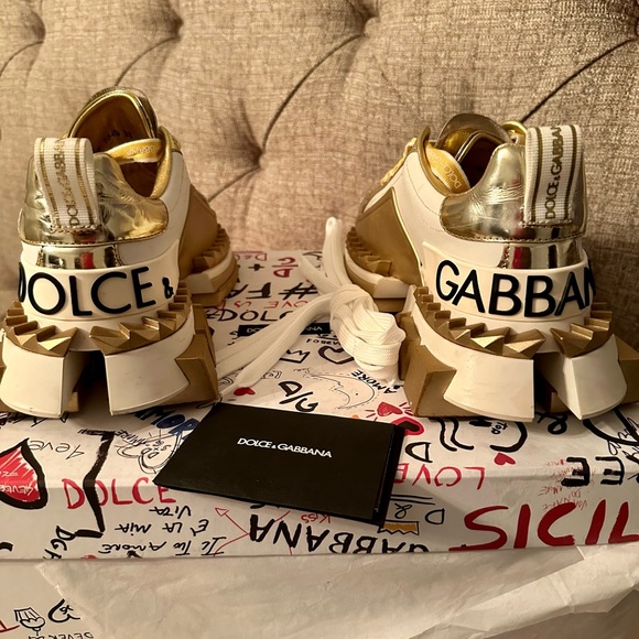 DOLCE & GABBANA Sneakers WHITE AND GOLD SUPER QUEEN LEATHER WOMEN'S SHOES - Picture 4 of 7